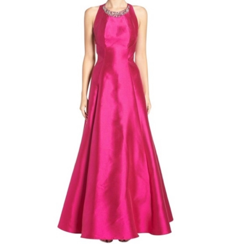 Eliza J Embellished NWT Mikado Ball Gown Fuchsia Long Dress Maxi Halter SIZE 8